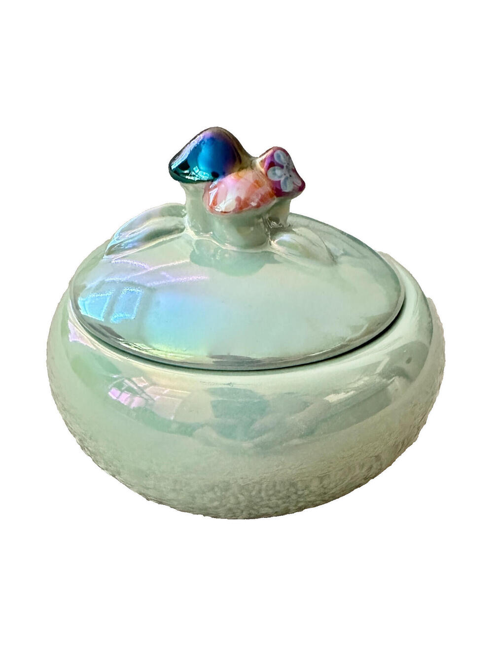NEW Anthropologie Figural Mushroom Ceramic Lidded Trinket Bowl Iridescent Green